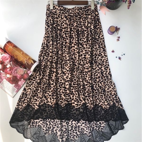 

women skirt leopard print lace half skirt stitched lace elasticated high waist midi skirt t200113, Black