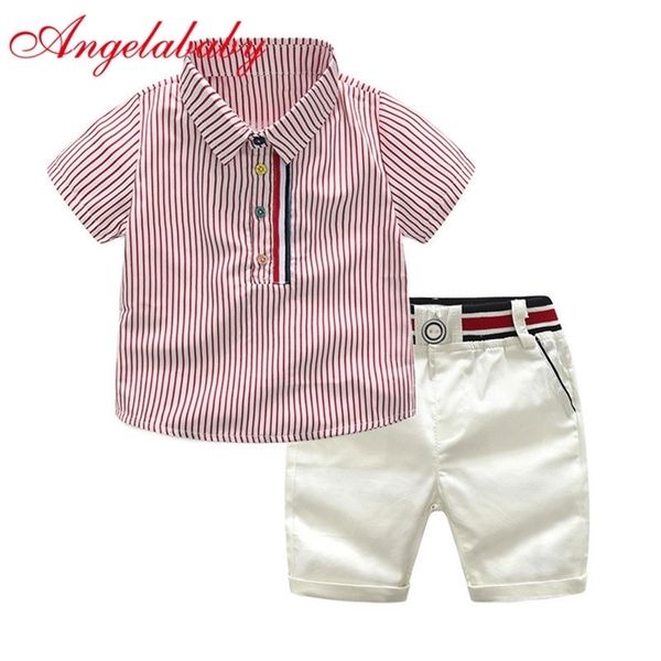 Детский джентльмен летняя одежда полосатый с короткими рукавами Топы + белые шорты 2 шт. Наборы одежды для детей Baby Boys Party Suits 220326