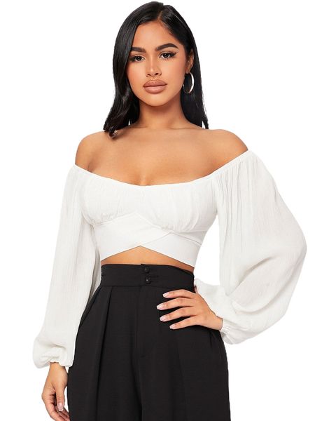 

petite off shoulder lantern sleeve ruched bust crop u9zn#, White