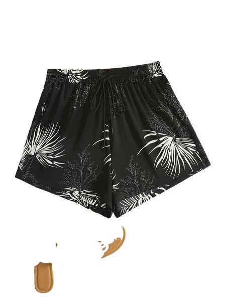 

plus plant print drawstring waist shorts 95wo#, Black