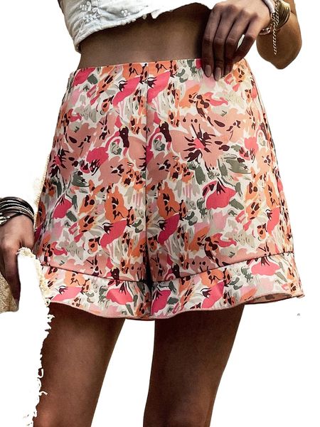 

all over print ruffle hem shorts y02r#, White;black