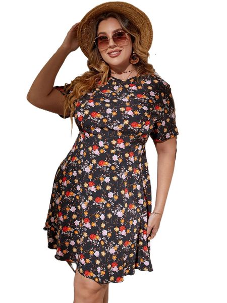 

plus allover floral print backless knot dress y7yi#, Black