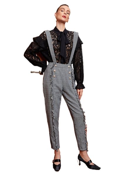 

x iselacos plaid pattern raw trim tweed jumpsuit 37eq#, Black;white