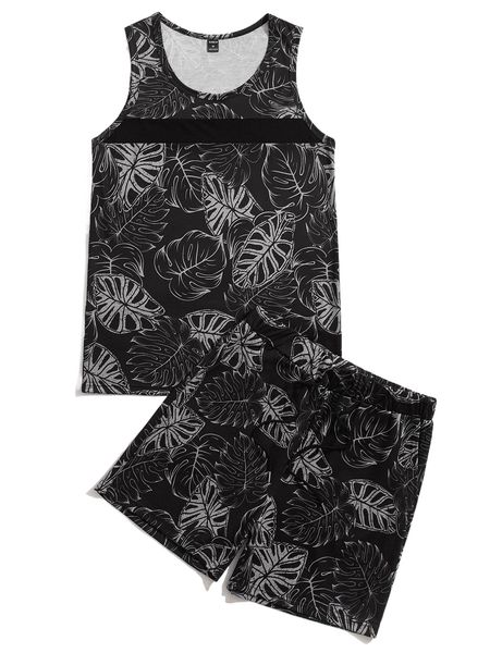 

men tropical print tank & drawstring waist shorts e9qn#, Gray