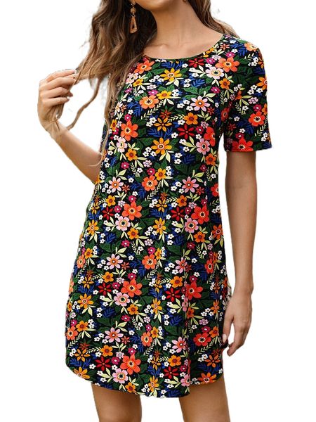 

floral print scoop neck dress 87xj#, Black;gray