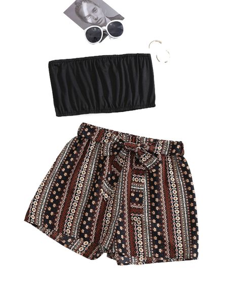 

tube & ditsy floral print belted shorts 47kb#, White