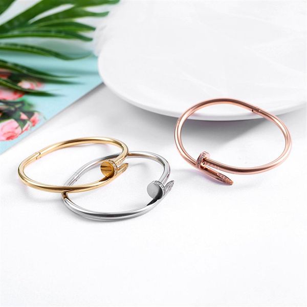 

2pcs for lovers titanium steel nail bracelet inlay diamond screw nail cuff bracelet women men love jewelry gift with box263p, White