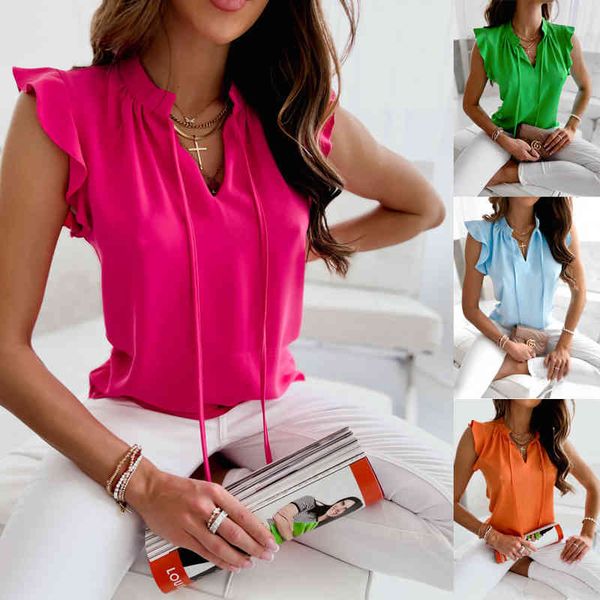 

women's t-shirt summer women's shirt ruffle lace style v n0ad, White