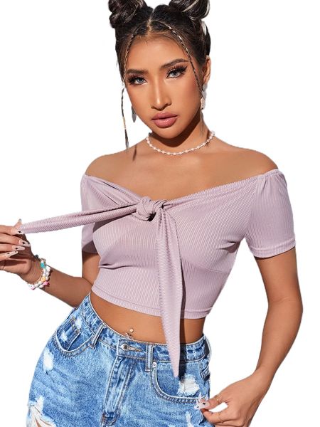 

tie front crop slim bardot tee 81cf#, White