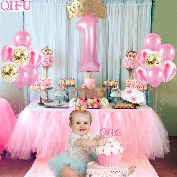 QIFU 30pcs Pink Birthday Balloon Banner Set 1st Birthday Party Decor Kids First 1 Birthday Foil Balloon Girl Favor I am One T200526