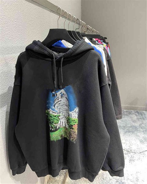 

hip hop designer balciga hoodies high version autumn winter new front and back castle pattern printing, weaving and dyeing men's and wo, Black