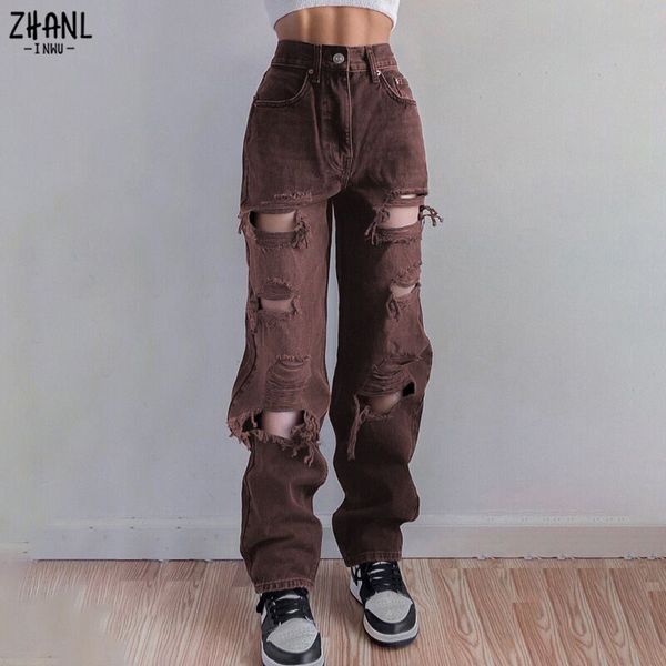 

brown ripped vintage womans distressed jeans streetwear hole hip hop high waist pants fashion straight denim trousers ladies 220526, Blue