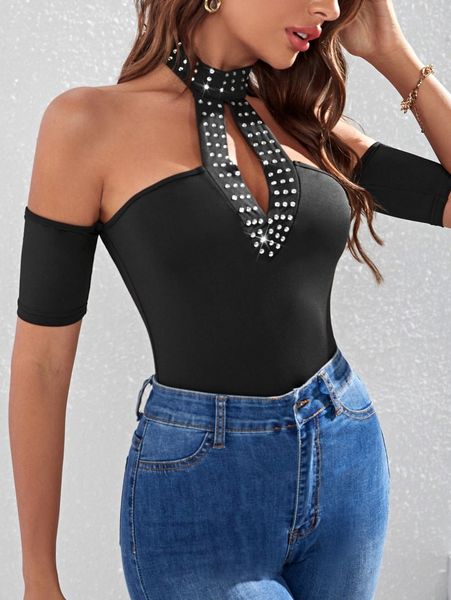 

cold shoulder rhinestone beaded tee c5f2#, White