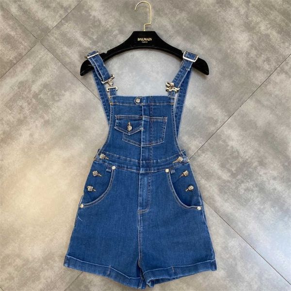 

fabpop summer fashion design sleeveless metal buttons decoration blue denim playsuits women slim romper high waist gb686 210709, Black;white