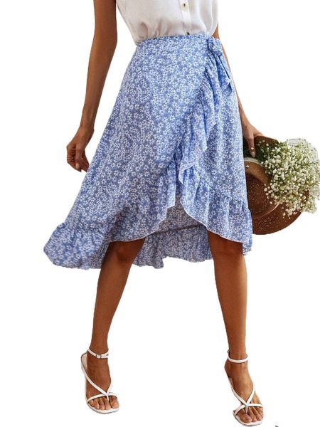 

ditsy floral ruffle trim wrap knot side skirt m7xn#, Black