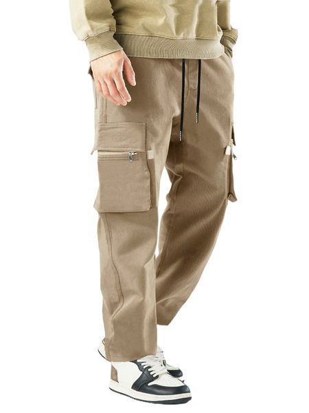 

men flap pocket side drawstring waist cargo pants 863i#, Black