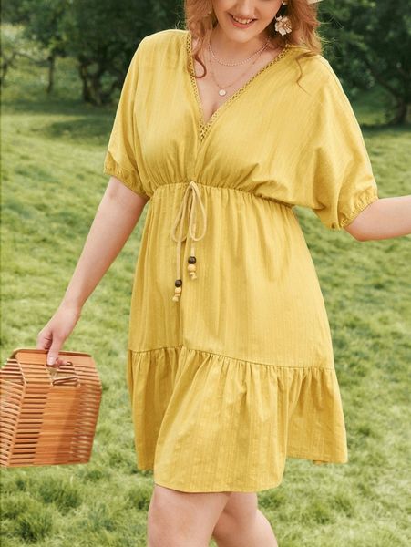 

plus ruffle hem bead detail puff sleeve knot front dress j6gp#, Black