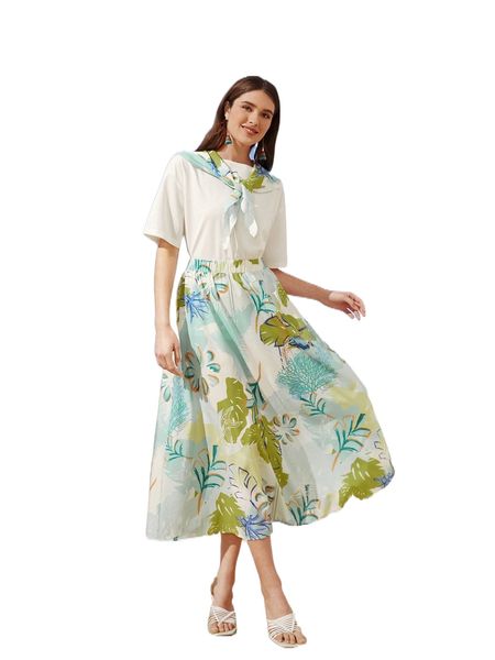 

tie neck tropical print r8wn#, White
