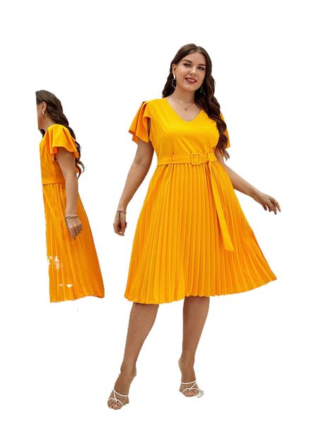 

plus butterfly sleeve pleated hem buckled belted dress 33rx#, Black