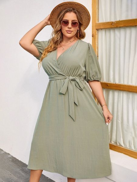 

plus puff sleeve surplice neck belted dress s3oe#, Black