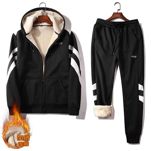 

winter men tracksuit warm fleece casual set men's sportswear hooded jacketpants two piece sweat suits casual hoodies sets thick 201210, Gray