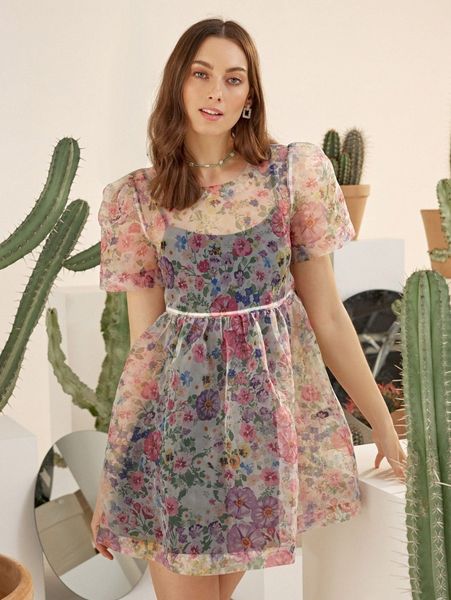 

puff sleeve sheer floral organza dress without lining x65h#, Black;gray