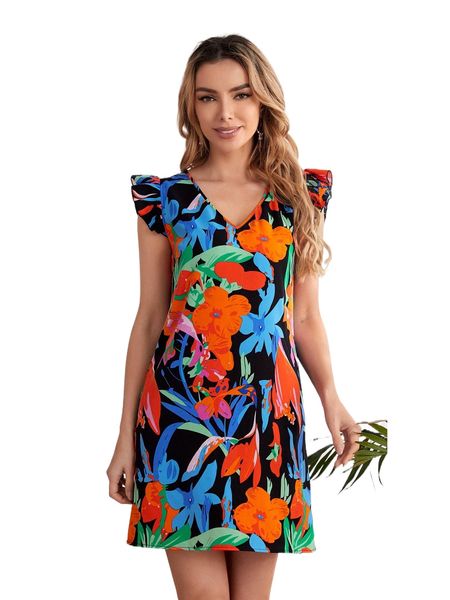 

emery rose f.loral print r.uffle trim t.unic d.ress 64bi#, Black;gray