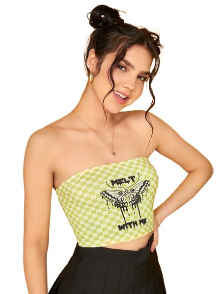

x zoe radford butterfly & checker print crop tube 99zi#, White