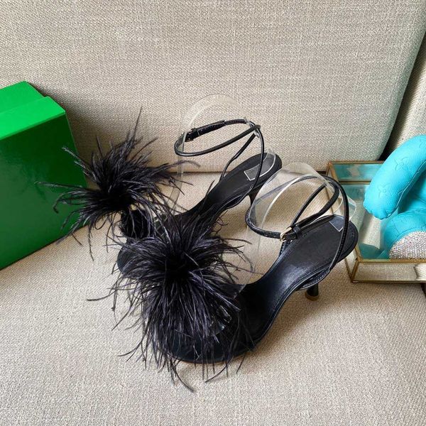 

2021 fashion high heel leather ostrich feathers sandal women feather dot sandals slippers slides designer ladies party office dress shoes, Black