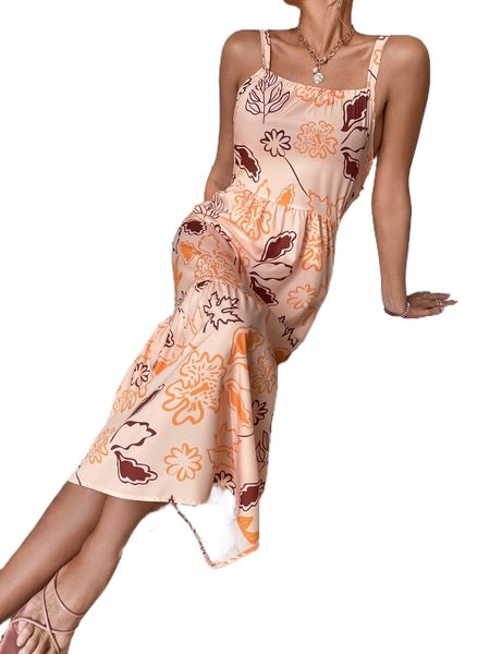 

random floral print tie back ruffle hem cami dress y38h#, Black;gray