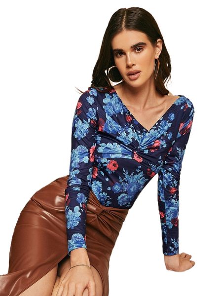 

floral print ruched tee q9s8#, White