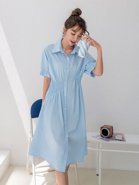 

dazy flounce sleeve shirred shirt dress r5xf#, Black;gray
