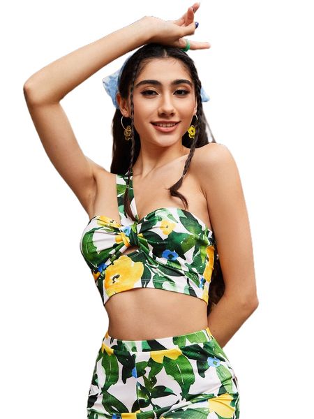 

floral print ruched cutout one shoulder crop y9fc#, White