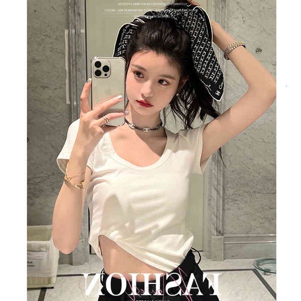 

women's t-shirt jingtian white t-shirt women's summer high waist short u-neck with milk spice girl wind exposed navel sleeve 97e6