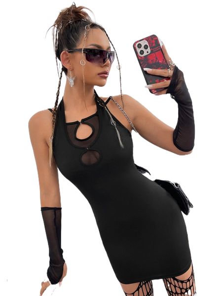 

contrast mesh cut out front bodycon dress with arm sleeves u5su#, Black;gray