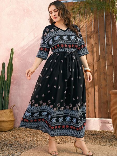 

plus leaf & elephant print belted dress 03sw#, Black