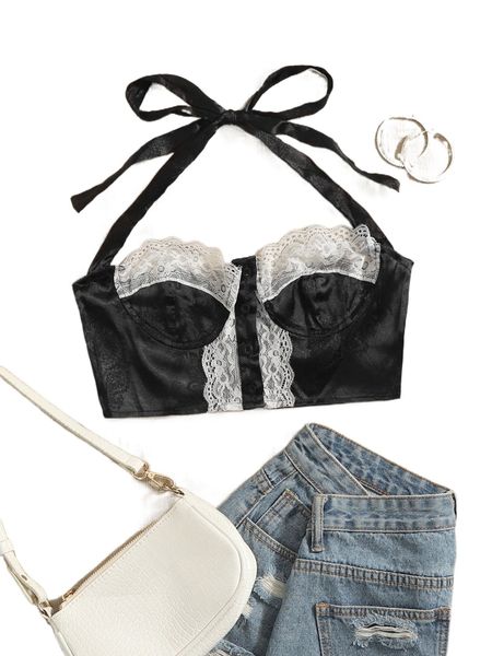

lace insert satin crop halter w3hn#, White