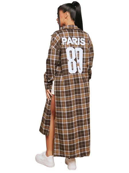 

sxy plaid & letter graphic drop shoulder split high low hem coat a38b#, Black