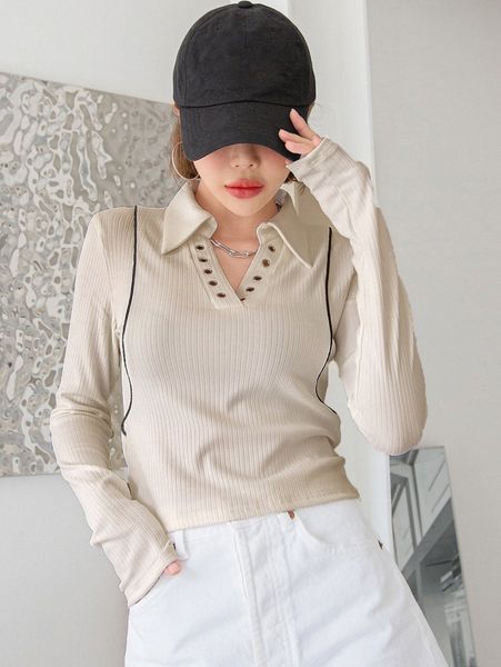 

dazy grommet detail contrast piping ribbed knit tee x5cv#, White