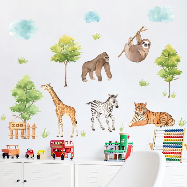 Große Waldtiere Wandaufkleber für Kinderzimmer Jungen Zimmer Schlafzimmer Dekor Tiger Giraffe Tapeten Poster Dschungeldekoration