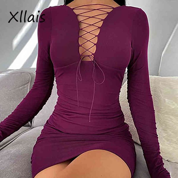 XLLAIS Stretch Langarm Mini Kleider Hohl Heraus Spitze Up Party Roben Casual Solide Rückenfreies Sexy Kleid 2022 Frühling J220512 J220708