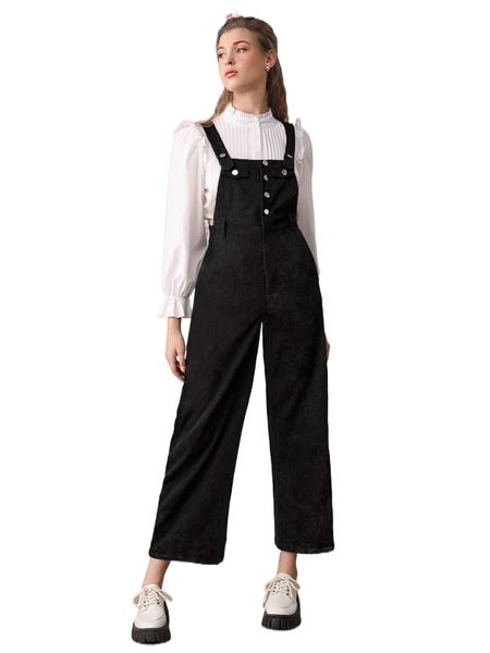 

mod flap detail button front overall jumpsuit 61qb#, Black;white