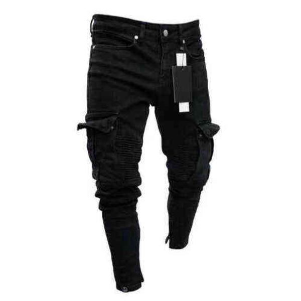 Pantaloni da uomo in denim strappati lunghi da motociclista Pantaloni skinny jeans distrutti elasticizzati-neri 2021 Pantaloni con cerniera inferiore moda G0104