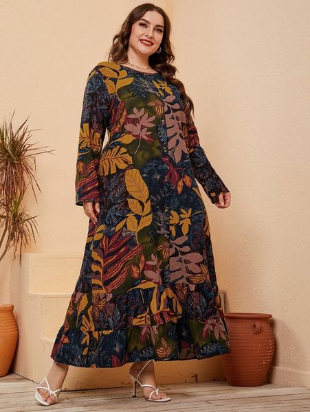 

plus tropical print ruffle hem smock dress a1ot#, Black