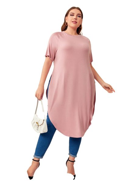 

plus solid curved hem longline tee x5pu#, Black