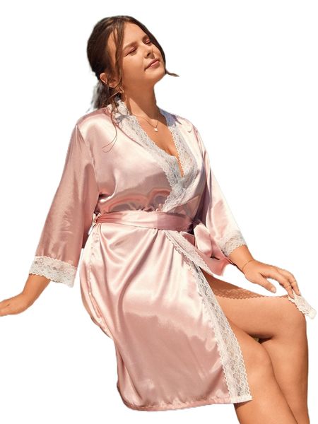 

plus lace trim belted satin robe without underwear d3sn#, Black;white
