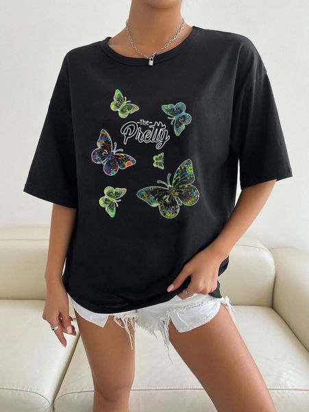 

letter & butterfly print drop shoulder tee j79c#, White