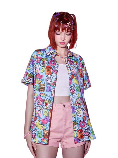 

romwe anime cartoon graphic button front blouse n9ob#, White