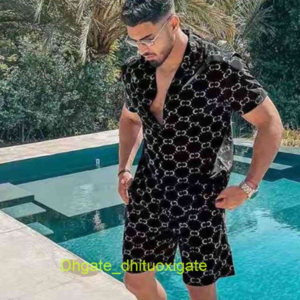 

men's casual luxury shirts tracksuit hawaiian sets t-shirts printing summer fashion swim short sleeve button men shirt suit vacation be, White;black