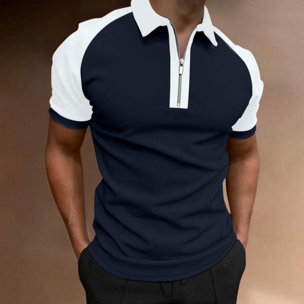 Polos masculinos homens de alta qualidade Exercícios camisas casuais de retalhos respirarem livremente camisa de manga curta colar zíper tops 2022 men's homens